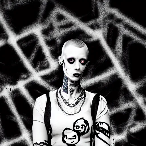 Image similar to die antwoord chappie portrait, back and white, zef design graffiti in the background, dark lighting, freaky, digital art