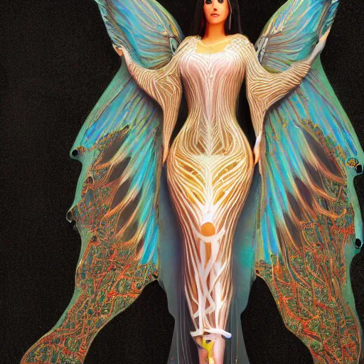 Image similar to a beautiful symmetrical plus size woman full body wearing algerian kaftan with translucent wings by alex gray and android jones , Karol Bak, Ayami Kojima, Amano , concept art, character design, fantasy,3D, 8k resolution