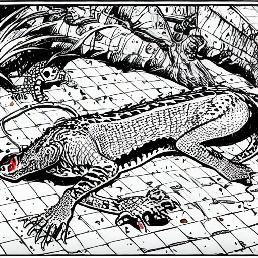 Image similar to tabby cat alligator pool “ geoff darrow ” production art