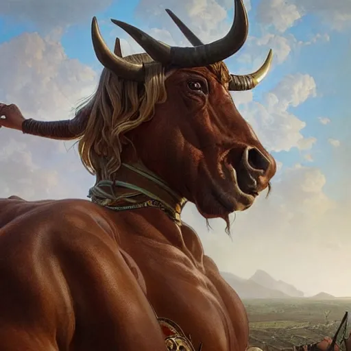 Image similar to a 40 foot tall centaur with a bull's head, nightmare fuel, highly detailed, digital painting, artstation, concept art, sharp focus, illustration, cinematic lighting, art by artgerm and greg rutkowski and alphonse mucha