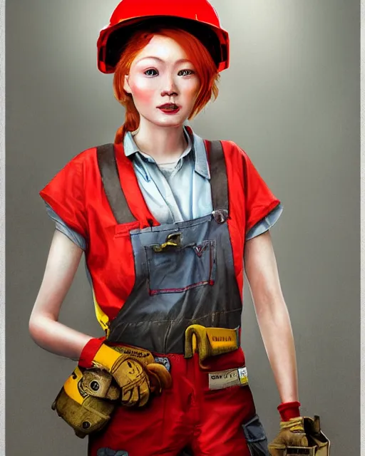 Prompt: highly detailed full body character portrait of a female red head in a construction worker costume, painting with detailed face by Hsiao-Ron Cheng, 8k, high quality, award winning masterpiece, HDR,