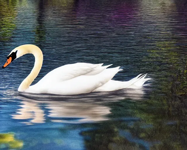 Prompt: a 4 k photorealistic photo of a swan swimming in a river, ripples, reflections. shady, trees bent over river.