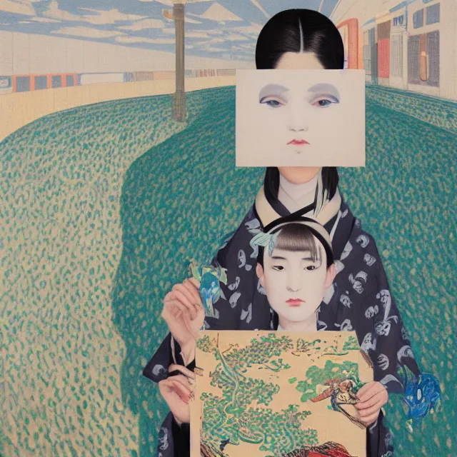 Image similar to tall emo female artist holding small portraits and fish on a train, wearing a kimono, on yamanote line in japan, tokyo station, summer, sweat, ice coffee, pigs, octopus, acrylic on canvas, surrealist, by magritte and monet