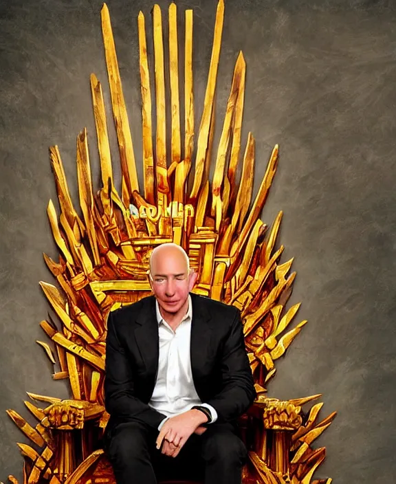 Prompt: a vivid fantasy portrait of jeff bezos sitting on a dark throne