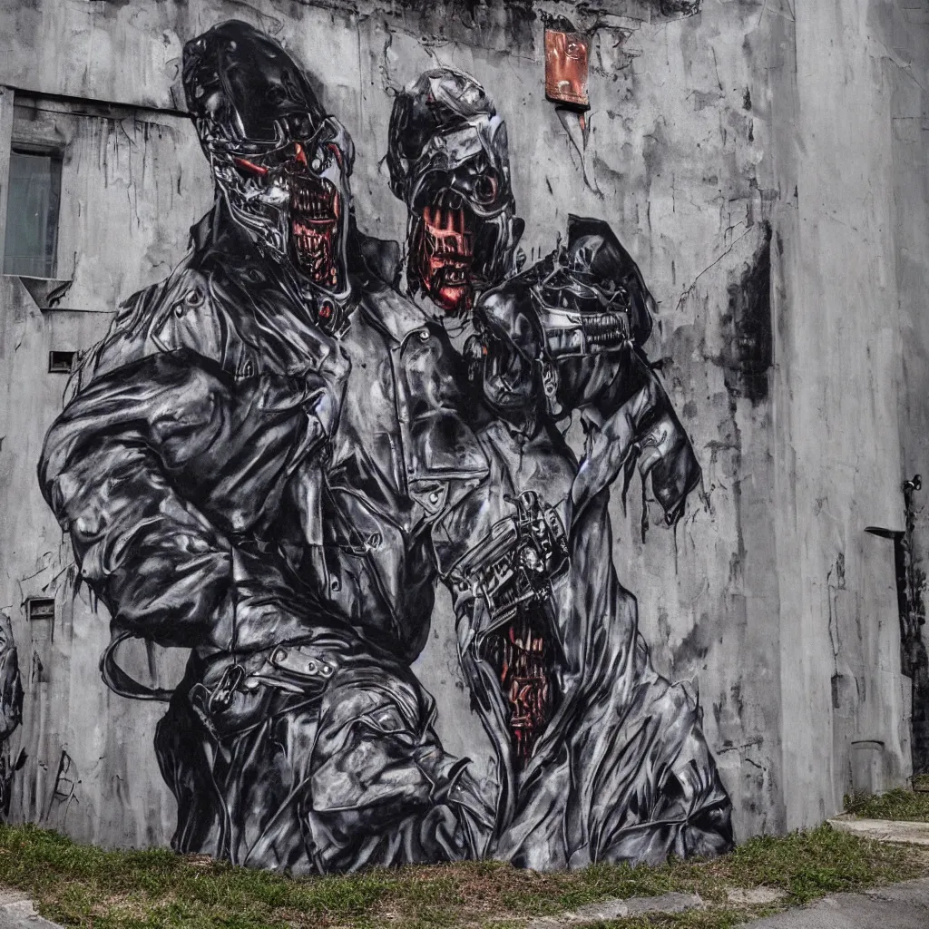 Image similar to kanye west as the terminator, street art, abandoned factory