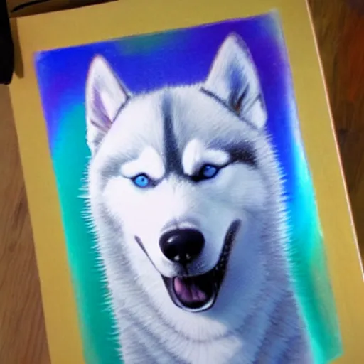 Image similar to a siberian husky, as aurora borealis, airbrush painting