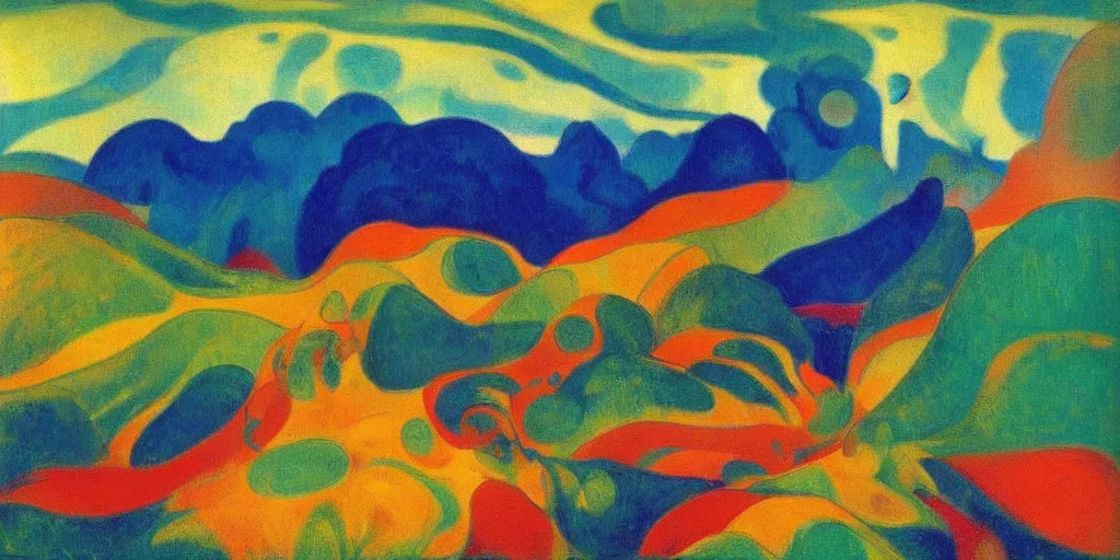 Image similar to An insane, modernist landscape painting. Wild energy patterns rippling in all directions. Curves, organic, zig-zags. Mountains, clouds. Rushing water. Waves. Psychedelic dream world. Odilon Redon. Ernst Kirchner.