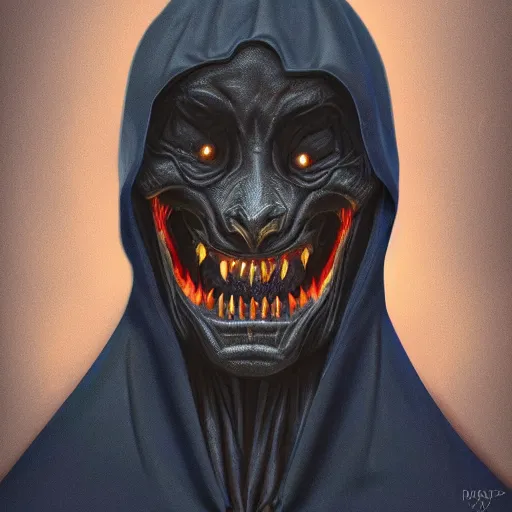 Image similar to award - winning. trending on artstation. 4 k. eerie tone. a mouthless shadowy figure wearing a hooded cape made of the night sky with 1 5 dark blue glowing eyes on its face and rows of teeth on its chest. full - body. portrait.