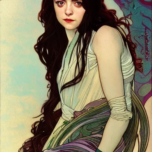 Prompt: a combination of Maisie Williams, Krysten Ritter, Anne Hathaway and Natalia Dwyer Christina Ricci and Lily Collins by Alphonse Mucha, Magali Villeneuve and Livia Prima, trending on artstation, long hair, dark eyes