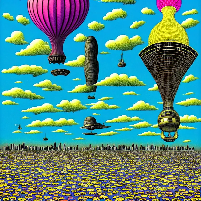 Image similar to surreal glimpse into other universe, mahanakorn tower with airship floating n the sky, summer morning, very coherent and colorful high contrast, art by!!!! rafal olbinski!!!!, geof darrow, floralpunk screen printing woodblock, dark shadows, hard lighting, stipple brush technique,