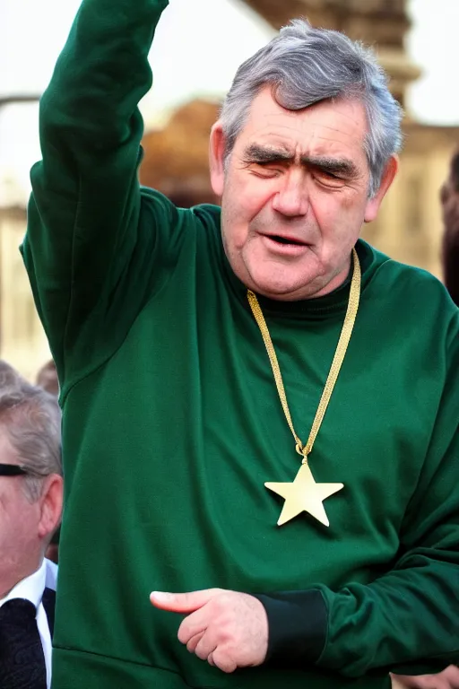 Image similar to gordon brown, dark black hair, wearing a green umbro tracksuit and gold necklace star shaped medallion, hands raised in the air,