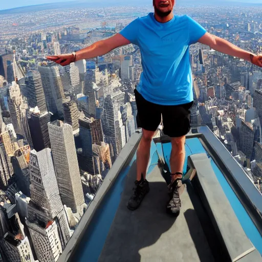 Prompt: large man climbing up empire state building