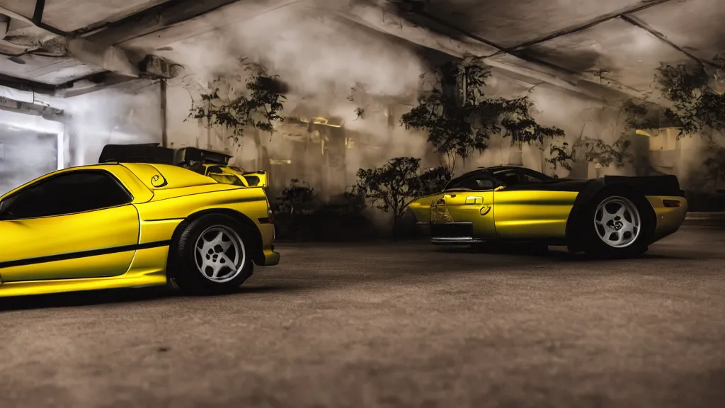 Image similar to 1 9 9 8 mazda rx 7 coupe yellow aero kit, cinematic, long exposure, white balance, 8 k, led, lumen global illumination, fog, ray tracing reflections