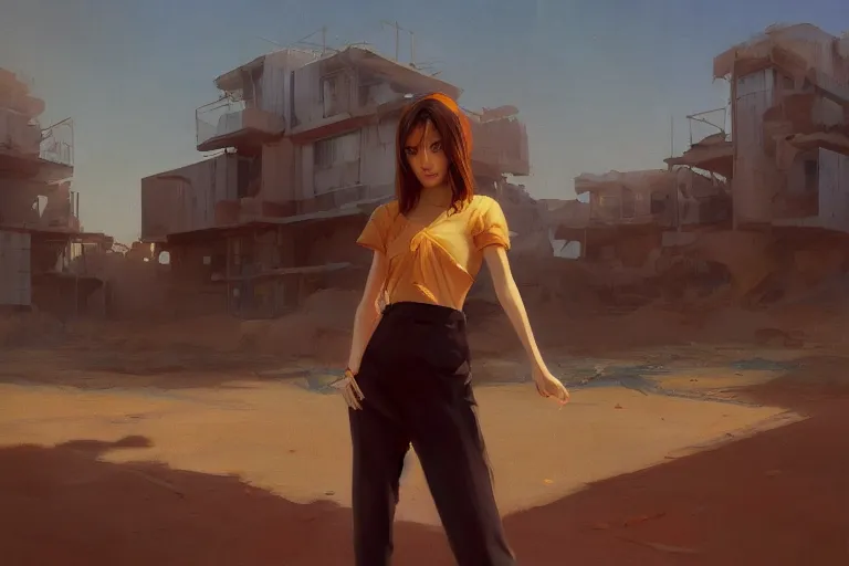 Image similar to digital art of a beautiful girl wearing a shirt standing in front of a ruined apartment complex, desert composition, sunlit, expressive oil painting, by artgerm, by jeremy lipking, anime style, octane render, bright colors, face!!!! close - up