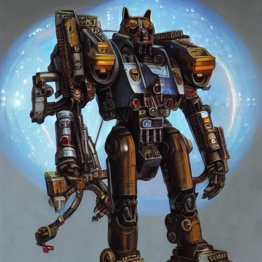 Image similar to cyborg mecha anthropomorphic shiba inu wearing warhammer 4 0 k emperor armor, realistic scifi cyberpunk, holding scifi neon laser gatling gun, portrait art by donato giancola and greg rutkowski, realistic face, digital art, trending on artstation, symmetry