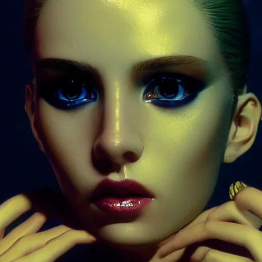 Image similar to portrait of a stunningly beautiful futuristic female pris from blade runner, depth of field, zeiss lens, detailed, symmetrical, centered, fashion photoshoot, by Annie Leibovitz and Steve McCurry, David Lazar, Jimmy Nelsson, Breathtaking, 8k resolution, extremely detailed, beautiful, establishing shot, artistic, hyperrealistic, beautiful face, octane render