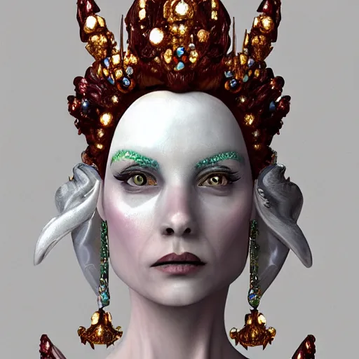 Image similar to realistic rococo style alien witch goddess queen with crystal gems crown sharp focus 8 k