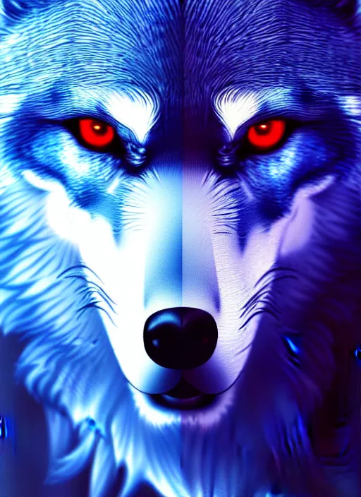 Image similar to blue wolf, red eyes highly detailed, deep focus, digital painting, smooth, sharp focus, illustration, trending on artstation, 4 k