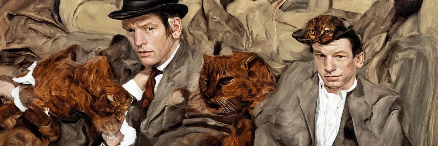 Image similar to high quality high detail painting by lucian freud, hd, ewan mcgregor painting by river seine dressed as a gentleman in paris at early 2 0 th century. brown cat with him