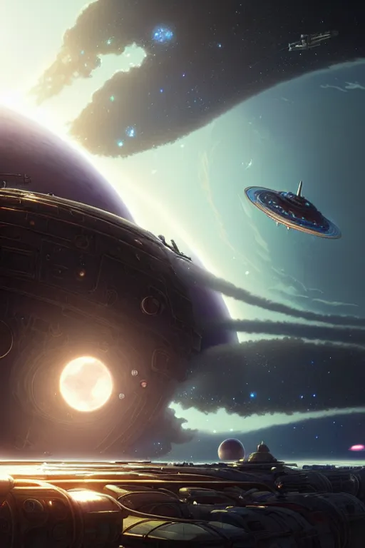 Image similar to steampunk spaceship infront of a planet, exquisite details, denoised, mid view, by karl kopinski, artsation, greg rutkowski, makoto shinkai, takashi takeuchi, studio ghibli