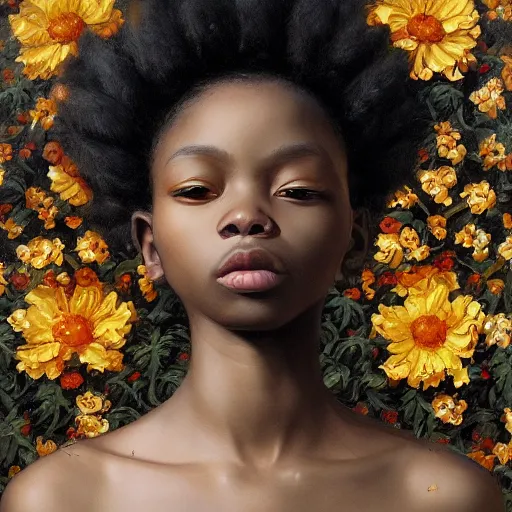 Image similar to highly detailed painting of a black cherub carrying flowers, intricate, elegant, digital painting, artstation, in the style of kehinde wiley, krenz cushart, artem demura