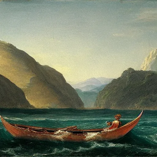 Prompt: highly detailed painting of a man fishing on a small boat in the ocean by thomas cole