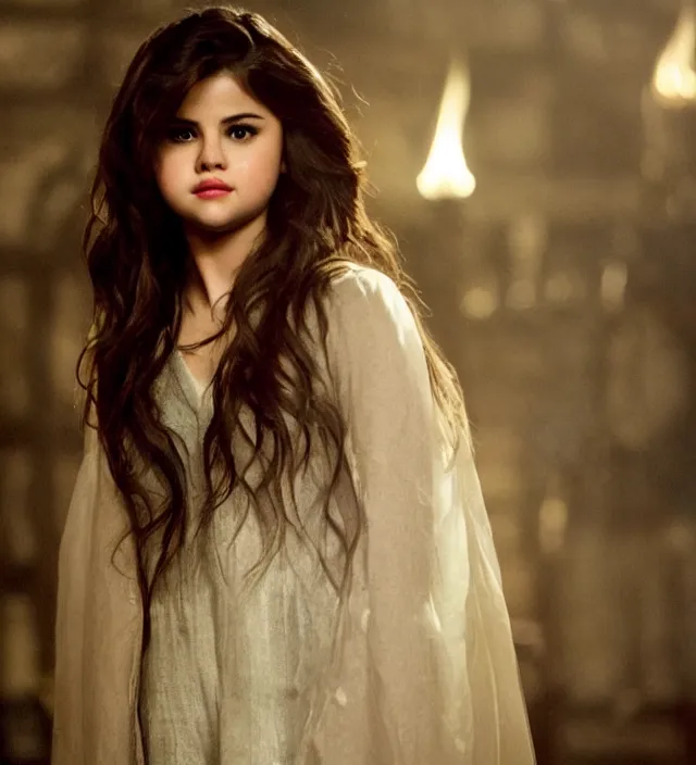 Image similar to selena gomez in harry potter, movie still frame, hd, remastered, detailed, cinematic lighting