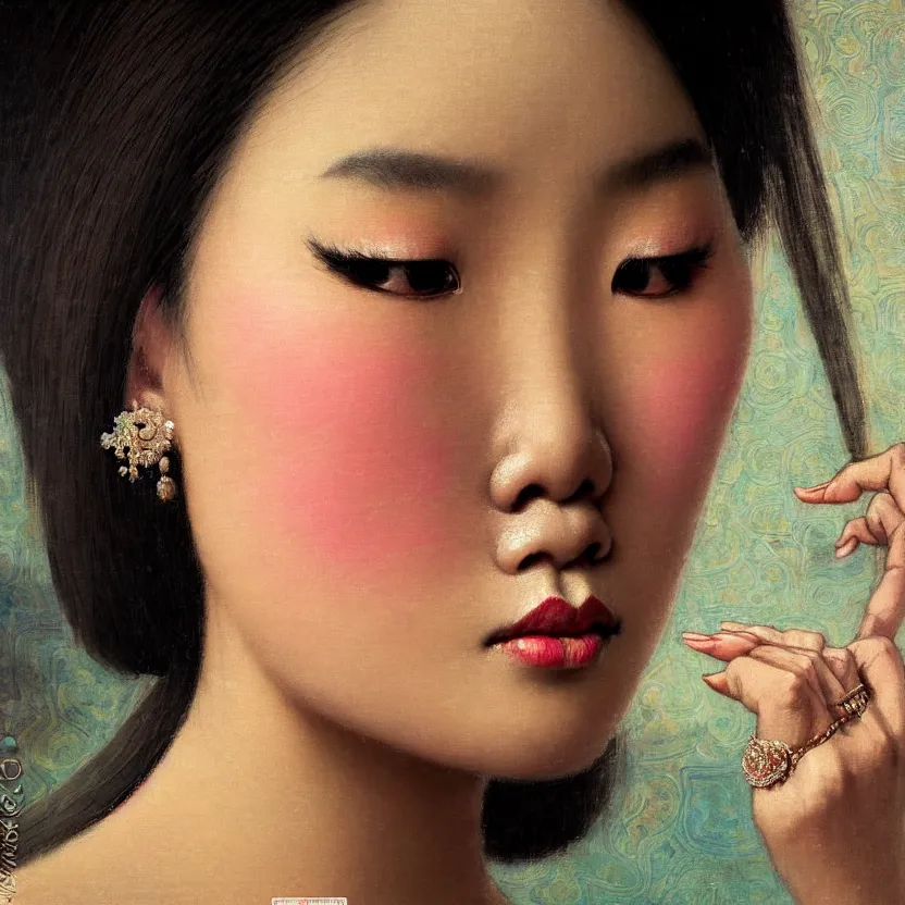 Prompt: close up portrait of the elegantly beautiful, sophisticated, slender rich vietnamese princess, imagining the rings of saturn. intricate eye detail focus, baroque, batik, by norman rockwell, range murata jeremy lipking, trending on pinterest, vivid 8 k sharp depth of field, pristine global illumination, smooth 3 d, wallpaper quality.