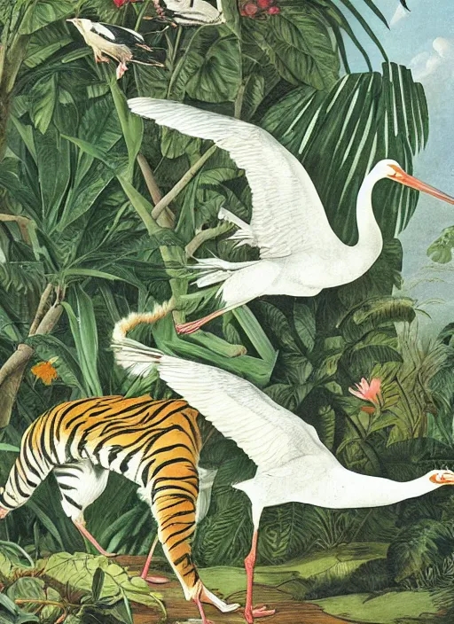 Image similar to tiger hunting a white crane, tropical plants, botanical, large exotic flowers, biology, by artist john audubon