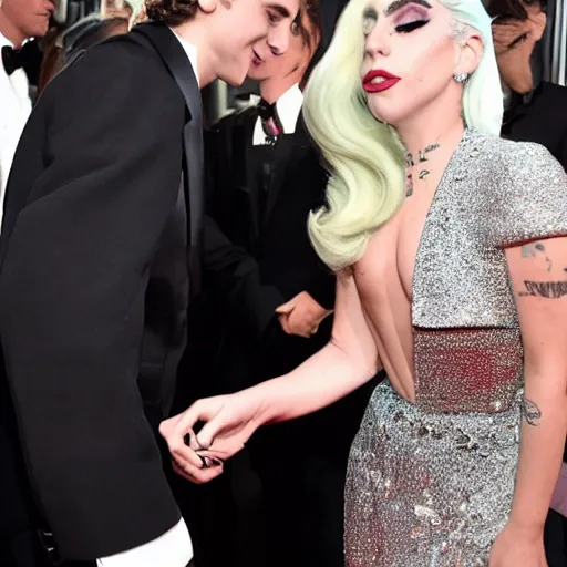 Image similar to timothee chalamet and lady gaga meet eachother, highly beautiful faces, highly detailed