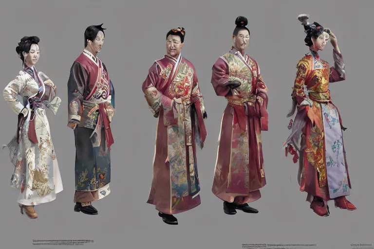 Prompt: Character design sheet of traditional chinese costumes, cinematic lighting, dramatic atmosphere, by Craig Mullins, 4k resolution, trending on artstation