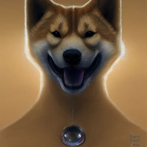 Image similar to realistic anthropomorphic shiba inu, tactical exoskeleton suit, fantasy science fiction, glowing electric aura, by donato giancola and greg rutkowski and wayne barlow and zdzisław beksinski, realistic face, visible face, digital art, artstation, symmetry