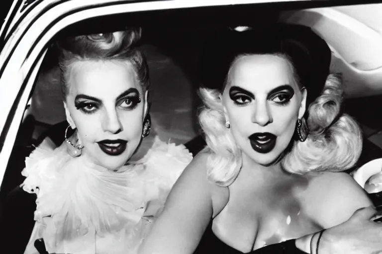 Image similar to lady gaga and judy garland doing carpool karaoke, lady gaga and judy garland, carpool karaoke, lady gaga, judy garland, carpool karaoke, youtube video screenshot, the late late show with james cordon