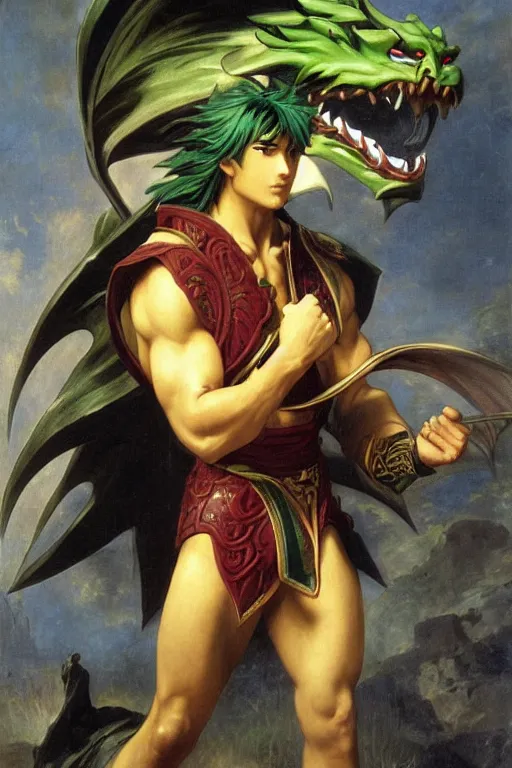 Prompt: Dragon Shiryū from Saint Seiya with his green armor by William Adolphe Bouguereau