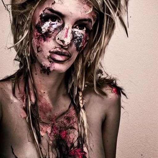 Image similar to astonishingly beautiful woman in tattered clothes revealing body, blonde hair, make up,