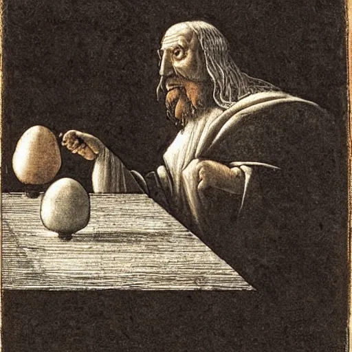 Image similar to Pensive Wizard Examining Eggs, by Leonardo da Vinci.