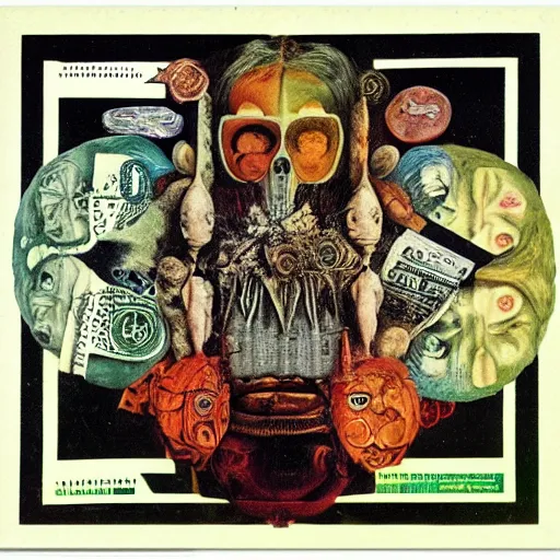 Image similar to post - punk new age album cover, asymmetrical design, dollar bank notes, capitalism, magic, apocalypse, psychedelic, black white, with a bit of colour, magic, giger h. r., giuseppe arcimboldo, peder aalto