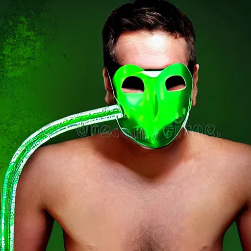 Image similar to man wearing a metal mask with thin green tubes all over his body hyperdetailed, realistic, high - resolution illustration that slightly looks like a comic character