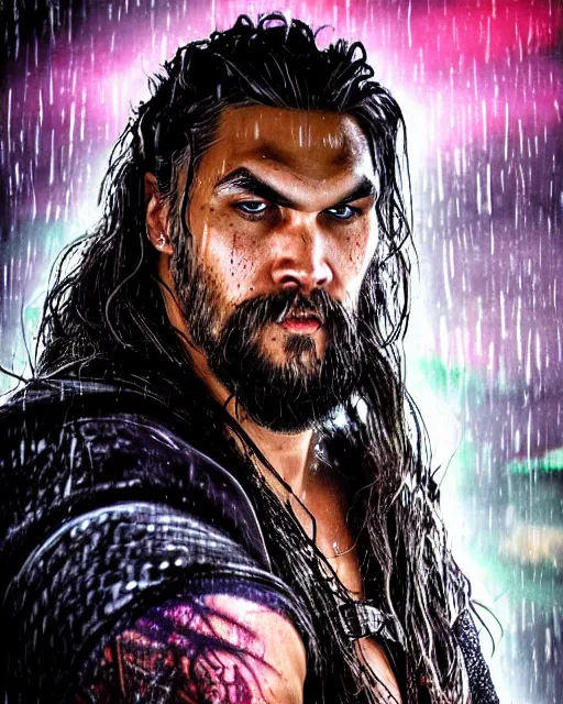 Prompt: An epic fantasy comic book style portrait painting of a very imposing Industrial goth Jason Momoa in the rain, wet hair, neon reflections, character design by Mark Ryden and Pixar and Hayao Miyazaki, unreal 5, DAZ, hyperrealistic, octane render, cosplay, RPG portrait, dynamic lighting, intricate detail, cinematic