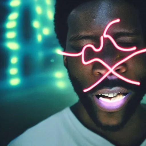 Prompt: portrait of black man having an orgasm eyes close, colorized neon lights, explosion of light, hyperealistic detailed photography polaroid, 5 0 mm lens, motion blur, grainy image