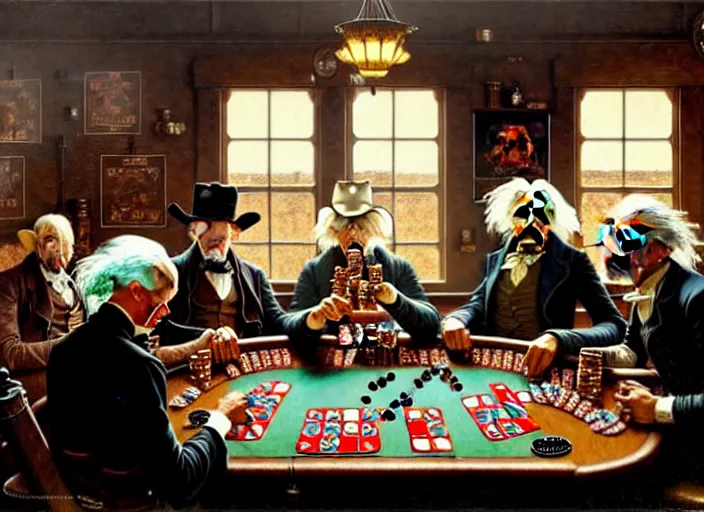 Image similar to in an old west saloon isaac newton and stephen hawkins and albert einstein playing poker, intricate, highly detailed, centered, digital painting, artstation, concept art, smooth, illustration, muted colors, art by norman rockwell and greg rutkowski and james gurney chuck close