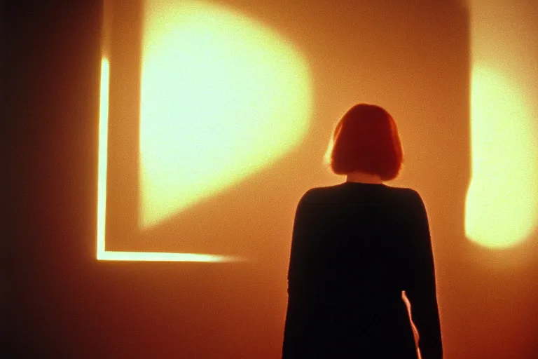 Image similar to backlit photograph of awestruck young woman standing in front of tall black box radiating esoteric energy in suburban living room, crisp focus, highly detailed, in nicolas roeg style, 3 5 mm ektachrome