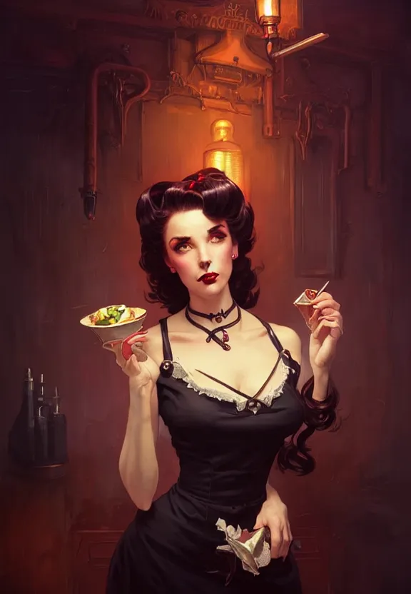 Image similar to Necromancer waitress of a small 50’s style diner, fantasy magic, dark pin-up style hair, dark light night, intricate, elegant, sharp focus, illustration, highly detailed, digital painting, concept art, matte, art by WLOP and Artgerm and Greg Rutkowski and Alphonse Mucha, masterpiece