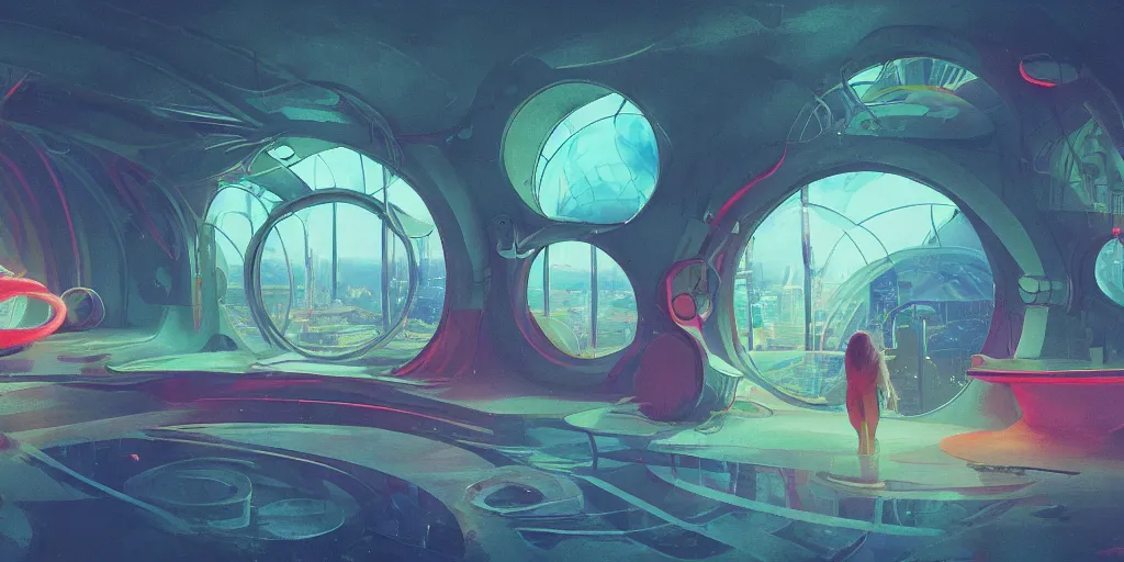 Image similar to undersea laboratory interior with organic circular windows, figures, soft neon lights, bright colors, cinematic, cyberpunk, smooth, chrome, lofi, nebula, calming, dramatic, fantasy, by Moebius, by zdzisław beksiński, fantasy LUT, studio ghibli, high contrast, epic composition, sci-fi, dreamlike, surreal, angelic, 8k, unreal engine, hyper realistic, fantasy concept art, XF IQ4, 150MP, 50mm, F1.4, ISO 200, 1/160s, natural light, Adobe Lightroom, photolab, Affinity Photo, PhotoDirector 365