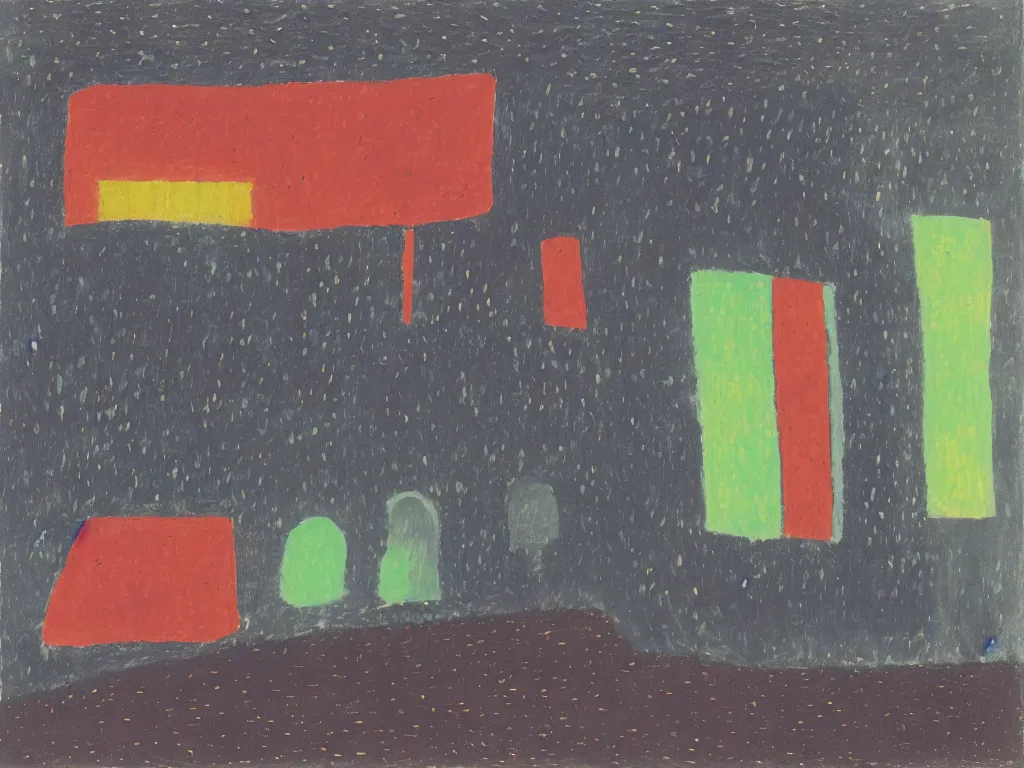 Prompt: few people waiting in a bus stop in dark city night, artwork by etel adnan