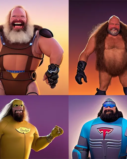 Image similar to disney pixar portrait 8 k photo of randy savage, terry bollea, jim duggan, arn anderson wearing elaborate jewelry : : as tesla cyborg man by pixar : : by weta, greg rutkowski, wlop, ilya kuvshinov, rossdraws, artgerm, annie leibovitz, rave, unreal engine, alphonse mucha : :