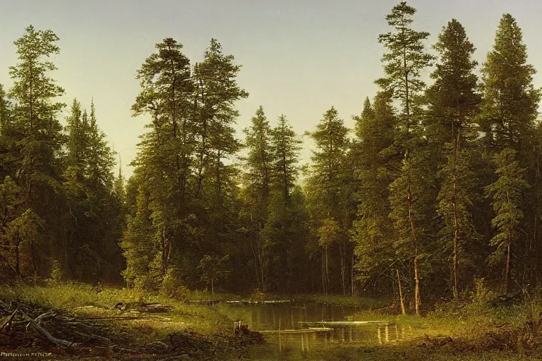 Prompt: A beautiful matte painting of The edge of the Russian forest in summer at night by Ivan Shishkin