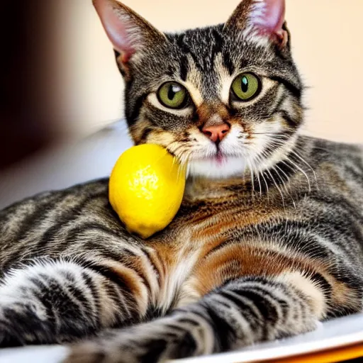 Image similar to photo of a tabby cat with a lemon for a head