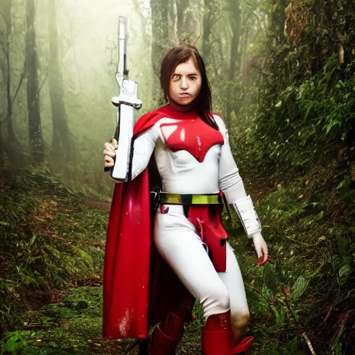 Prompt: a young female soldier wearing blood-spattered glossy sleek white dinged scuffed armor and a long torn red cape, standing in a rainy jungle, heroic posture, determined expression, elegant, battle weary, no helmet, dramatic lighting, cinematic, sci-fi, hyperrealistic, detailed