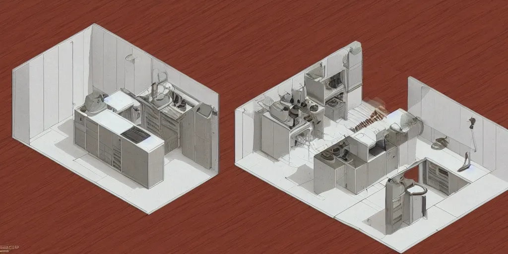 Image similar to top down view isometric kitchen, wood, metal, white, Dan McPharlin, Ralph McQuarrie